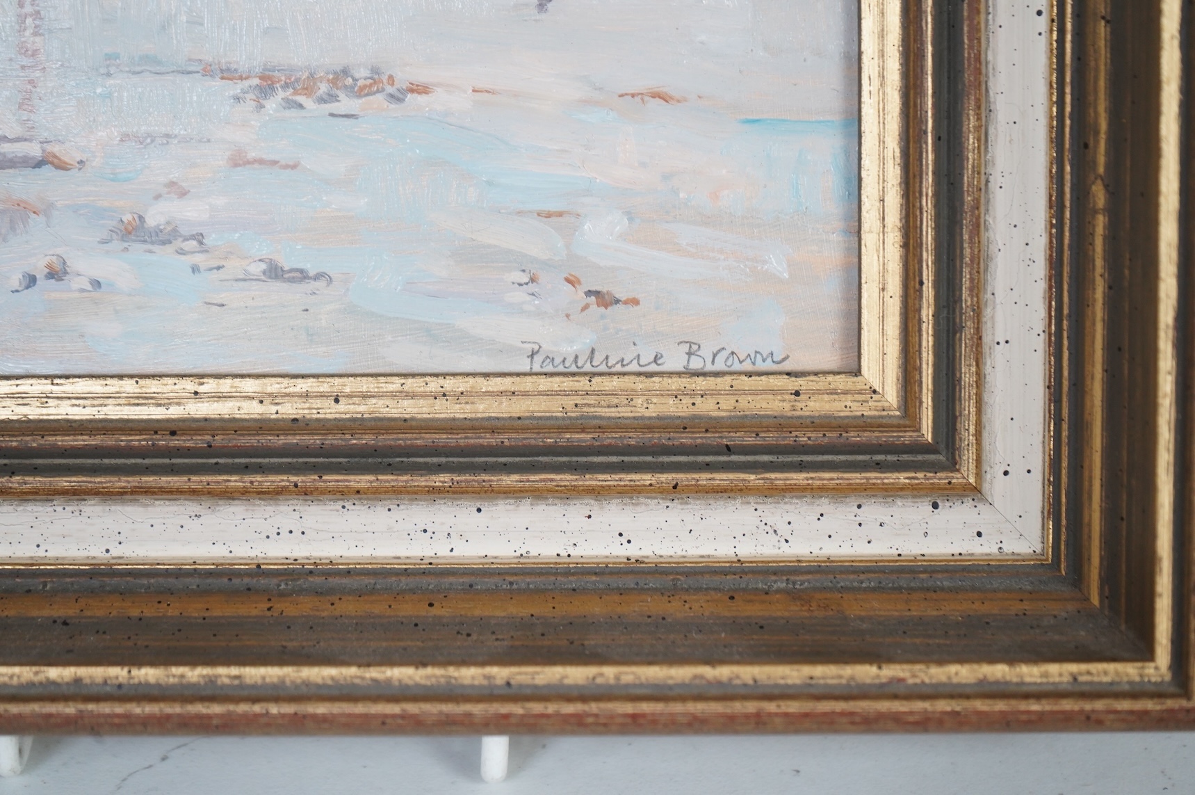 Pauline Brown (b.1926), ‘Low tide, Palace Pier, Brighton’, signed, label verso, oil on board, 11.5 x 14cm